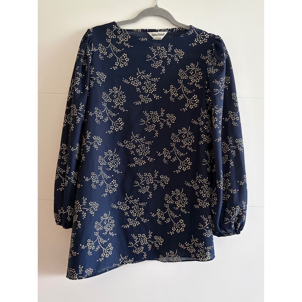 Anthony Richard Navy Blue Floral Asymmetrical Puff Sleeve Blouse Top Size 10 USA